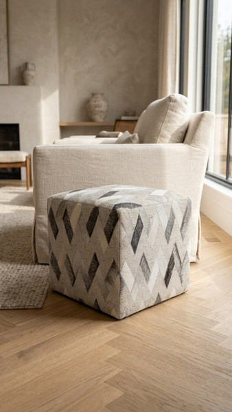 Geometric Leather & Wool Pouf Owen, Grey (18"x18"x18")