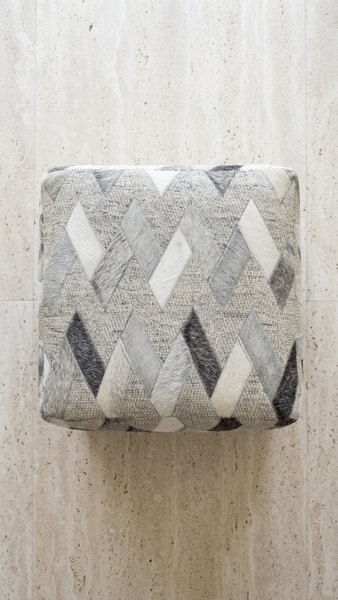 Geometric Leather & Wool Pouf Owen, Grey (18"x18"x18")