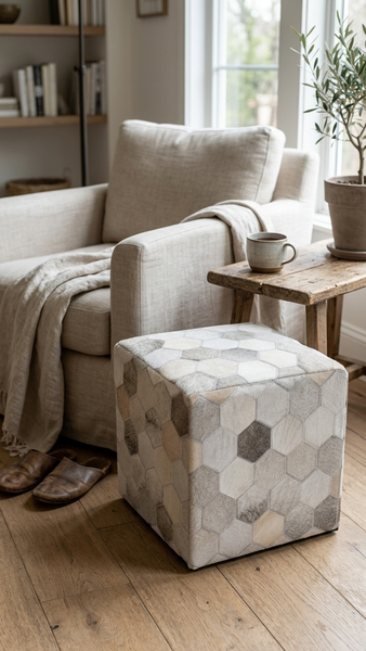 Geometric Hide Pouf Eli, Ivory (18"x18"x18")