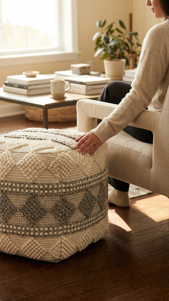 Ally Pouf Ivory/Grey 18"x18"x18"
