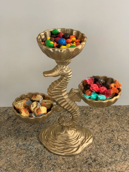 Daisy 3 Bowl Seahorse Stand, Gold (12"x10.5"x5")