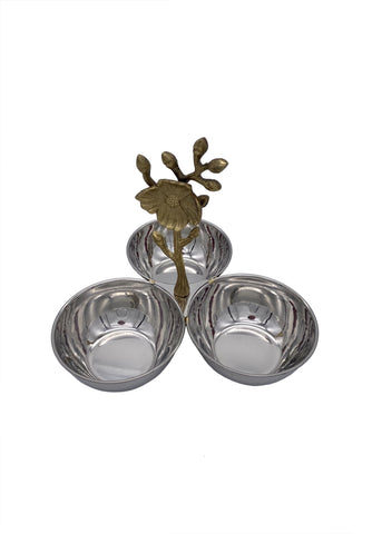 Benji 3-Bowls w/Bras Floral Hnd, Brass (7"x7"x10")