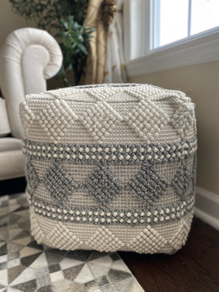 Ally Pouf Ivory/Grey 18"x18"x18"